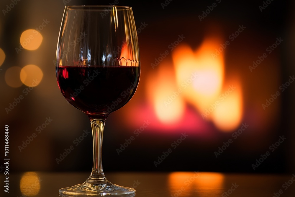 A romantic setting showcasing a tall glass of red wine elegantly positioned in front of a softly glowing fireplace, symbolizing warmth, passion, and tranquility. A romantic setting showcasing a tall glass of red wine elegantly positioned in front of a softly glowing fireplace, symbolizing warmth, passion, and tranquility.