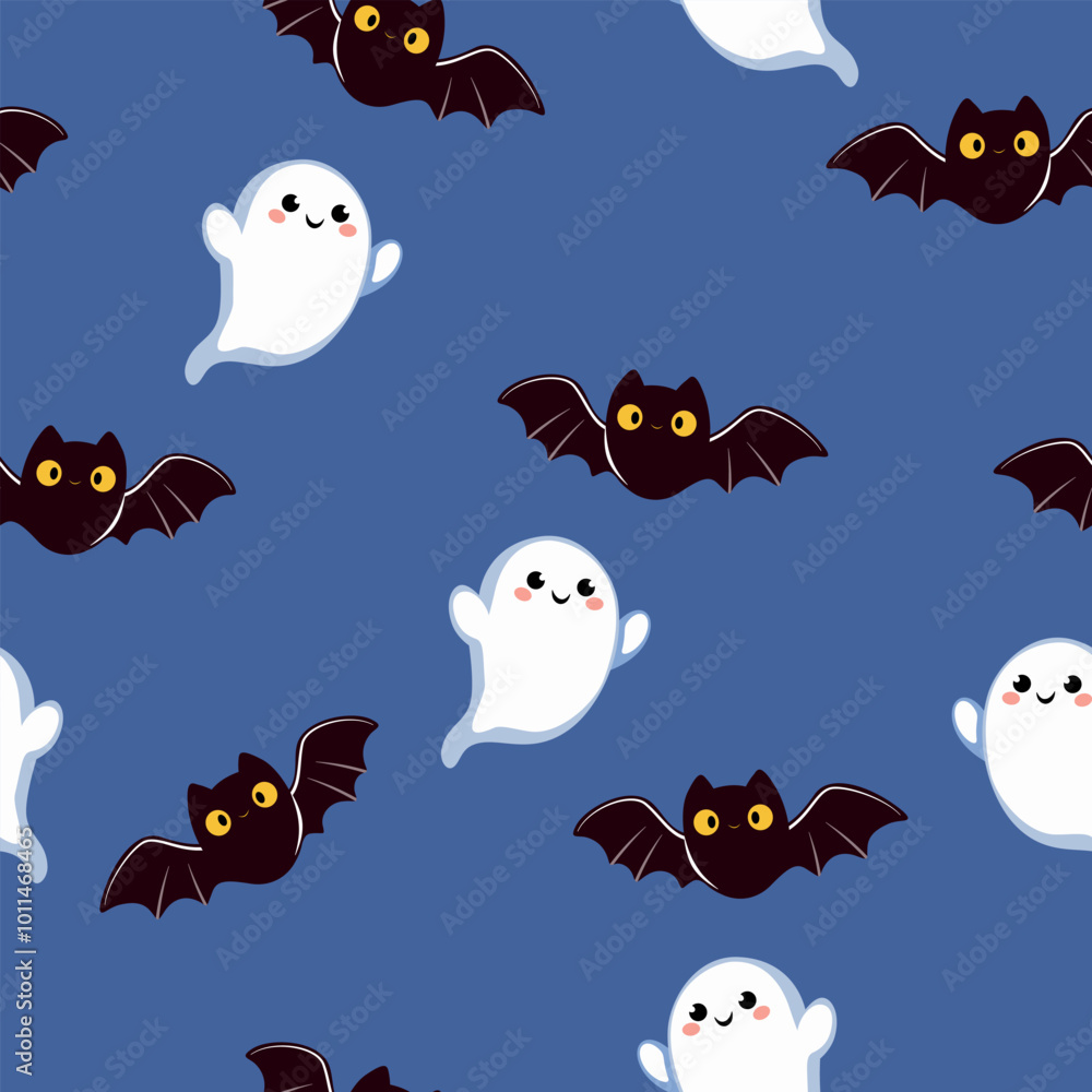 Obraz premium Halloween holiday seamless pattern background. Ghost and bat. 