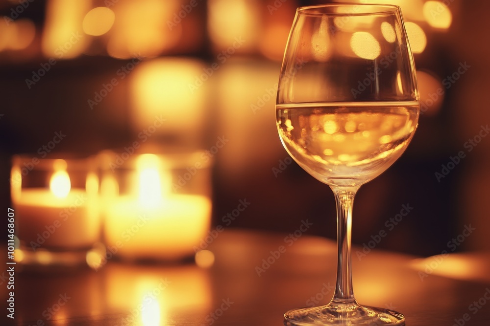 A sophisticated setting featuring a filled wine glass with several candles softly illuminating the scene, perfect for a cozy, reflective evening of elegance. A sophisticated setting featuring a filled wine glass with several candles softly illuminating the scene, perfect for a cozy, reflective evening of elegance.
