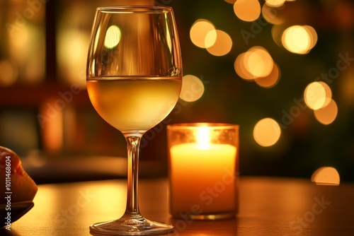 A clear glass holding a chilled white wine stands by a candle, bathed in delicate, soft light, with a backdrop of shimmering festive decorations, evoking celebration and warmth.