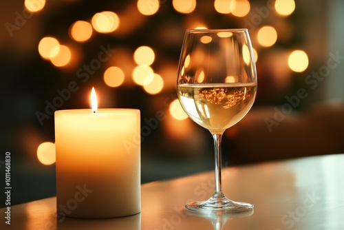 A refined composition showcasing a white wine glass, subtly lit by a nearby candle, evoking an aura of warmth, elegance, and timeless style.