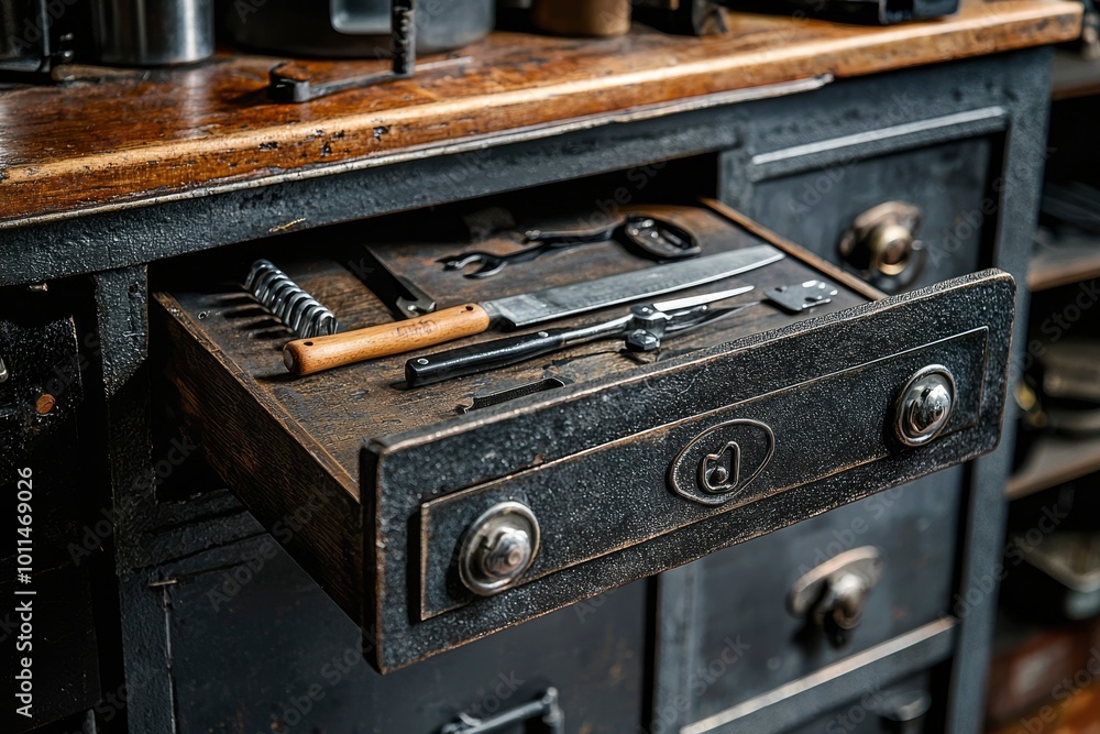 Open Drawer of a Black Wooden Cabinet with Various Tools Open Drawer of a Black Wooden Cabinet with Various Tools