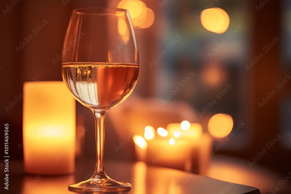 A close-up of a glass of white wine captured next to flickering candles, casting a soft and ambient glow, ideal for a relaxing or romantic setting at home. A close-up of a glass of white wine captured next to flickering candles, casting a soft and ambient glow, ideal for a relaxing or romantic setting at home.