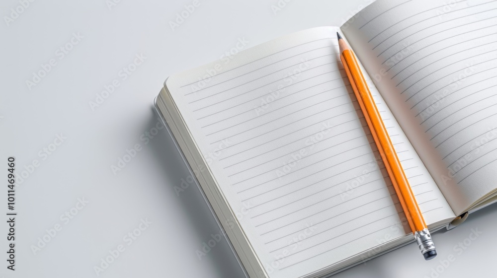 Open Notebook with Yellow Pencil on White Background Blank Paper Writing Stationery Open Notebook with Yellow Pencil on White Background Blank Paper Writing Stationery