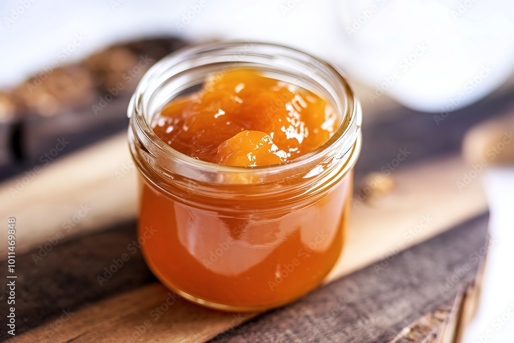 A selective focus photo of a glass jar filled with apricot jam A selective focus photo of a glass jar filled with apricot jam