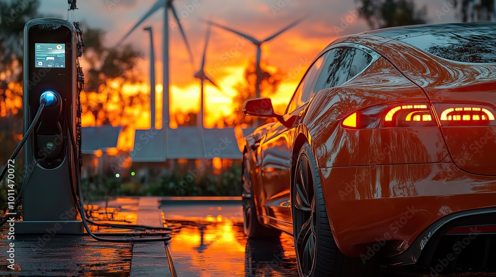 electric car charging at station with wind turbines ,solar panels in the background symbolizing renewable energy ,sustainable transportation electric car charging at station with wind turbines ,solar panels in the background symbolizing renewable energy ,sustainable transportation