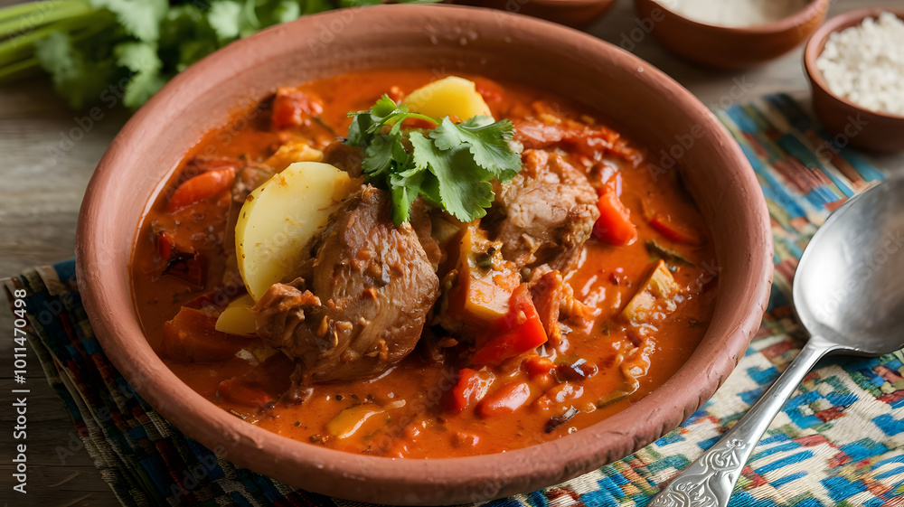 A rich Omani Salona stew features lamb or chicken slow-cooked with tomatoes, potatoes, and fragrant spices. The thick red sauce is garnished with fresh cilantro and served in an earthenware bowl.
A rich Omani Salona stew features lamb or chicken slow-cooked with tomatoes, potatoes, and fragrant spices. The thick red sauce is garnished with fresh cilantro and served in an earthenware bowl.