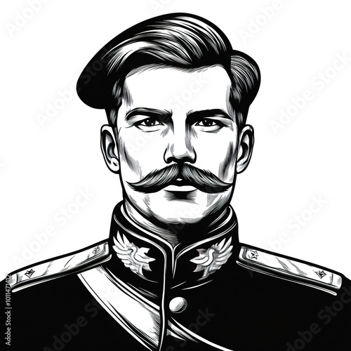 Vintage-style hybrid Russian soldier with a mustache in a black-and-white vector portrait on a solid background.