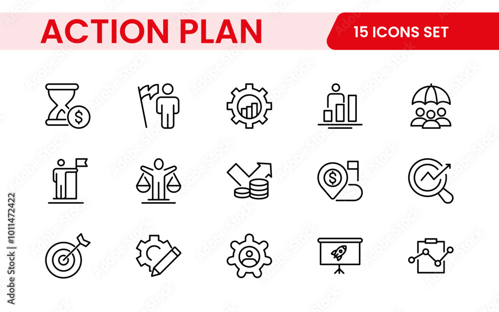 Line icons about action plan. Contains such icons as search strategy, target, scheme, timeline and workflow.Action plan set of web icons in line style. Strategy action planning icons. Line icons about action plan. Contains such icons as search strategy, target, scheme, timeline and workflow.Action plan set of web icons in line style. Strategy action planning icons.