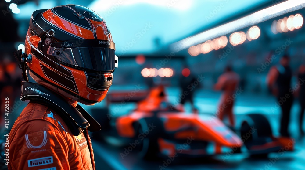 A Formula 1 racer in racing gear stands in front of his car at the pit stop of the race track A Formula 1 racer in racing gear stands in front of his car at the pit stop of the race track