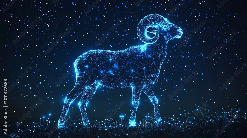 A captivating image of a ram rendered in a glowing, wireframe style, set in a dreamy, starlit environment that merges technology with elements of nature. A captivating image of a ram rendered in a glowing, wireframe style, set in a dreamy, starlit environment that merges technology with elements of nature.