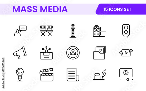 Mass media outline vector icons large set isolated on white background. media business concept. Media outline icons set.