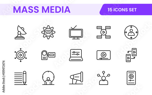 Mass media outline vector icons large set isolated on white background. media business concept. Media outline icons set.