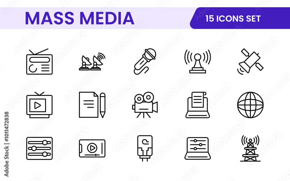 Mass media outline vector icons large set isolated on white background. media business concept. Media outline icons set. Mass media outline vector icons large set isolated on white background. media business concept. Media outline icons set.