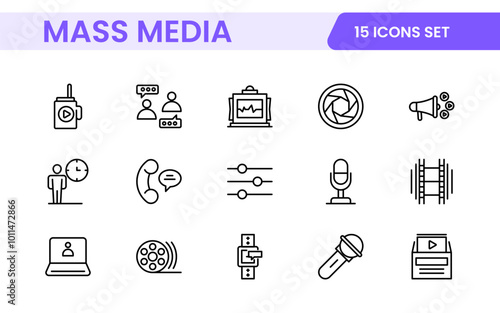 Mass media outline vector icons large set isolated on white background. media business concept. Media outline icons set.