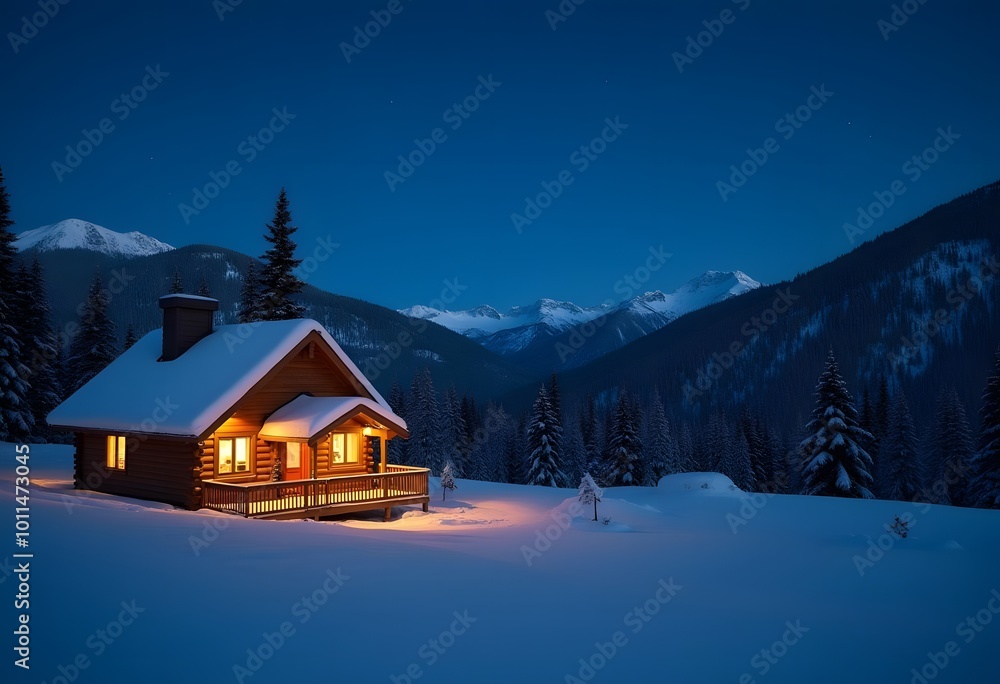 Fototapeta premium Snow covered mountain hut old farmhouse in the ski region of Saalbach Hinterglemm in the Austrian alps at sunrise against blue sky 