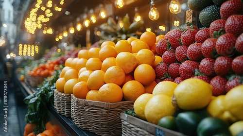 fresh produce at local market under warm lights promoting sustainable shopping practices