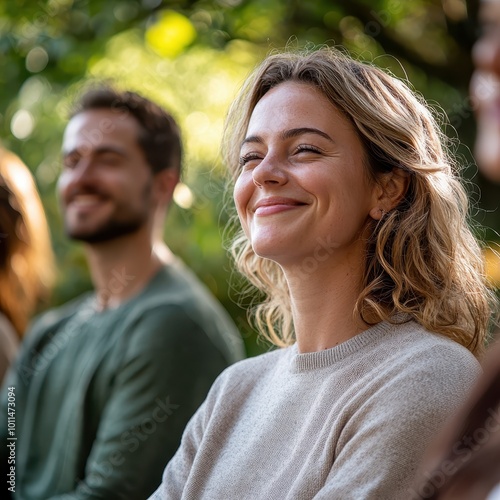 A joyful woman smiles warmly while sitting outdoors, surrounded by friends in a serene, natural setting.