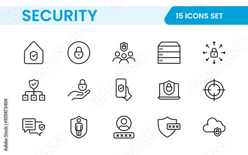 Set of Security web icons in line style. Guard, cyber security, password, smart home, safety, data protection, key, shield, lock, unlock, eye access. Security outline icon set.