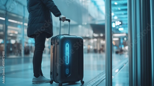 A traveler stands with a stylish suitcase in an airport, ready for departure, surrounded by a modern and illuminated environment. photo