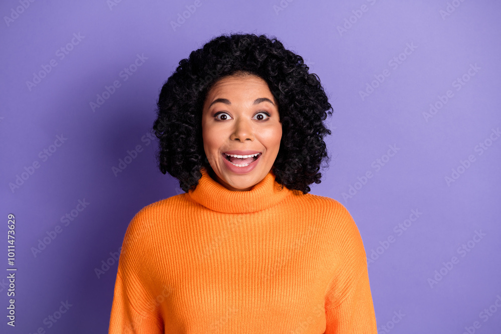 Photo of excited cheerful lovely woman wear knitted stylish clothes open mouth isolated on purple color background Photo of excited cheerful lovely woman wear knitted stylish clothes open mouth isolated on purple color background