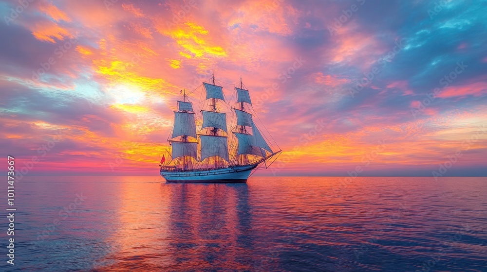 A serene sunset view of an old ship replica sailing through calm waters, with the horizon in muted pastel tones, capturing the sense of adventure and discovery A serene sunset view of an old ship replica sailing through calm waters, with the horizon in muted pastel tones, capturing the sense of adventure and discovery