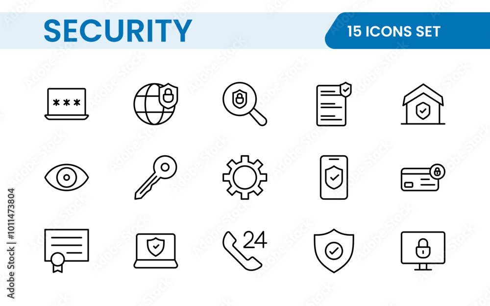 Set of Security web icons in line style. Guard, cyber security, password, smart home, safety, data protection, key, shield, lock, unlock, eye access. Security outline icon set. Set of Security web icons in line style. Guard, cyber security, password, smart home, safety, data protection, key, shield, lock, unlock, eye access. Security outline icon set.