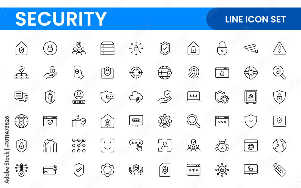 Set of Security web icons in line style. Guard, cyber security, password, smart home, safety, data protection, key, shield, lock, unlock, eye access. Security outline icon set. Set of Security web icons in line style. Guard, cyber security, password, smart home, safety, data protection, key, shield, lock, unlock, eye access. Security outline icon set.