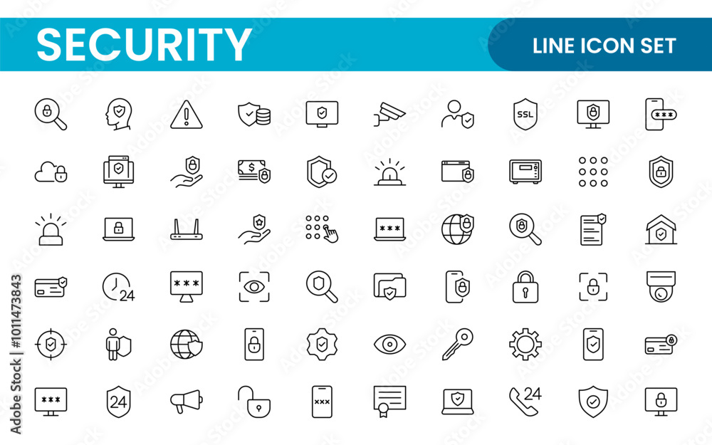 Set of Security web icons in line style. Guard, cyber security, password, smart home, safety, data protection, key, shield, lock, unlock, eye access. Security outline icon set. Set of Security web icons in line style. Guard, cyber security, password, smart home, safety, data protection, key, shield, lock, unlock, eye access. Security outline icon set.