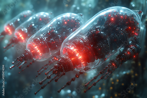  small mech nanorobots using metal micro tentacles to destroy cholesterol cells. A futuristic concept showcasing advanced biotechnology and medical innovation.
 photo