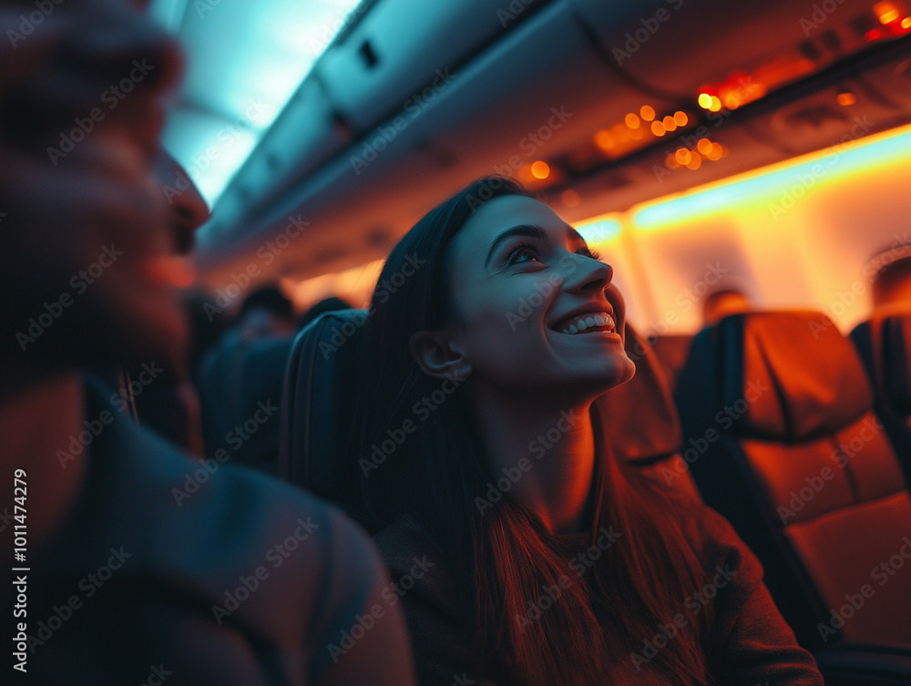 Młoda uśmiechnięta kobieta w samolocie.