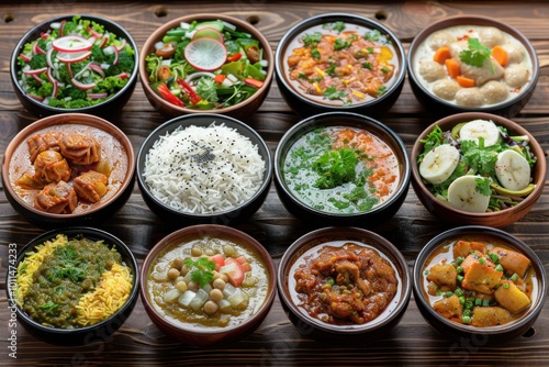 A diverse collection of bowls filled with traditional and flavorful dishes, including rice, curries, and fresh salads, offering a colorful and wholesome meal.