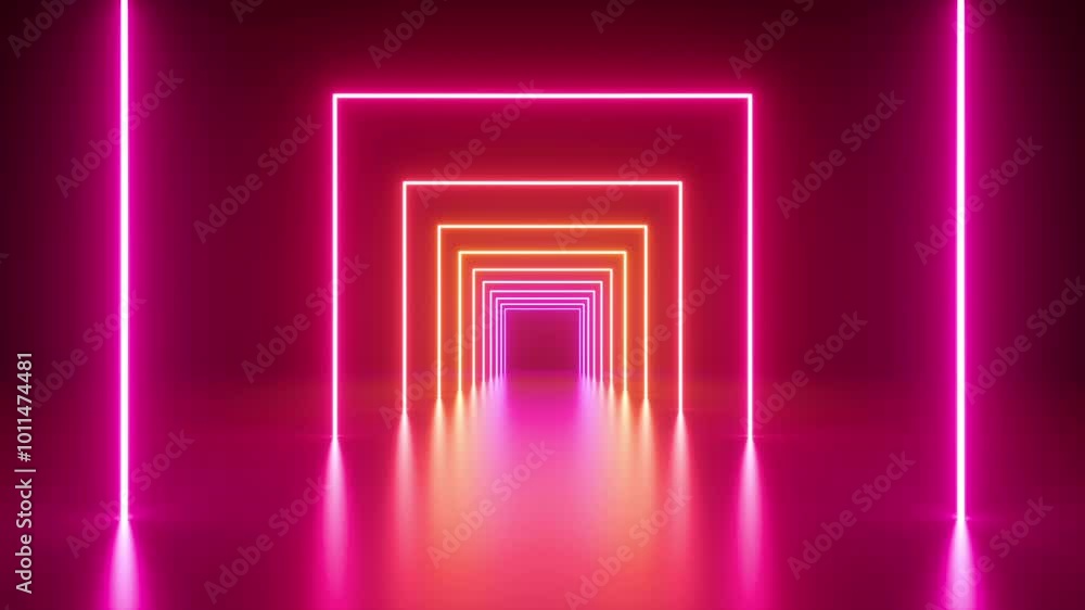 cycled 3d animation. Red pink tunnel with flashing neon frames. Abstract geometric background cycled 3d animation. Red pink tunnel with flashing neon frames. Abstract geometric background