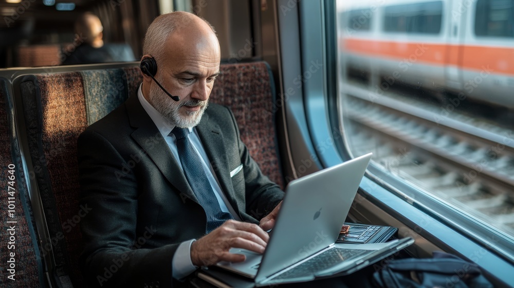 A professional man in a suit uses a laptop on a train, wearing a headset, focused on work with a blurred view of the outside landscape. A professional man in a suit uses a laptop on a train, wearing a headset, focused on work with a blurred view of the outside landscape.