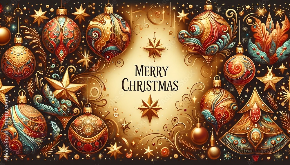 Fototapeta premium Card with stylized Christmas ornaments and festive text on a background of golden stars,generative ai