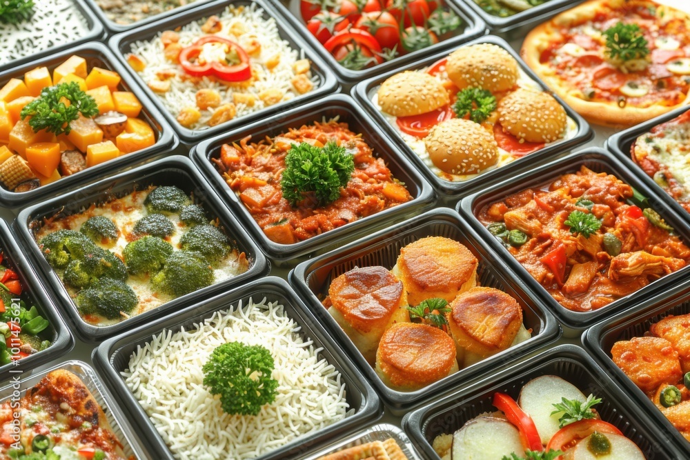 A selection of diverse food trays featuring pizza, pasta, burgers, and salads, highlighting an array of international flavors for a delicious food feast. A selection of diverse food trays featuring pizza, pasta, burgers, and salads, highlighting an array of international flavors for a delicious food feast.