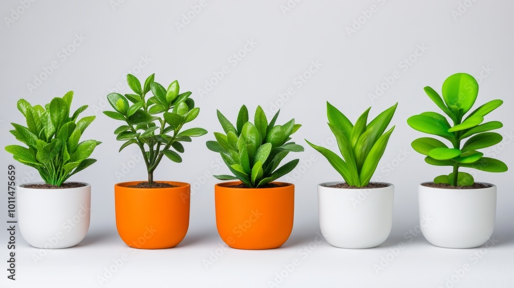 Five Green Plants in White and Orange Pots on White Background Five Green Plants in White and Orange Pots on White Background