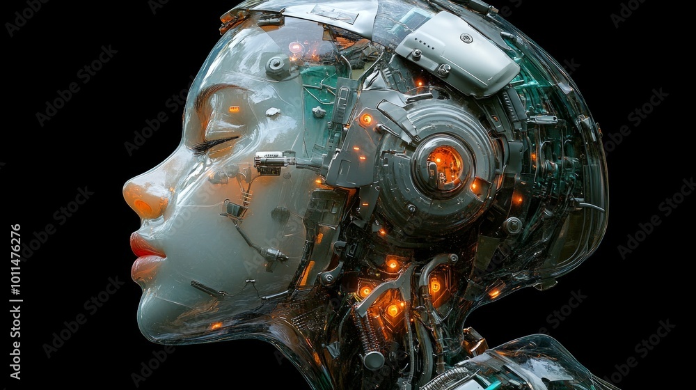 A futuristic robot head emerging from a dark background. This portrait blends technology and art, showcasing intricate details and glowing lights. A futuristic robot head emerging from a dark background. This portrait blends technology and art, showcasing intricate details and glowing lights.