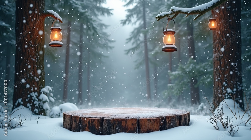 wooden podium decorated with snowy lanterns against the background of a winter forest. for product advertising or presentation in a natural winter atmosphere wooden podium decorated with snowy lanterns against the background of a winter forest. for product advertising or presentation in a natural winter atmosphere
