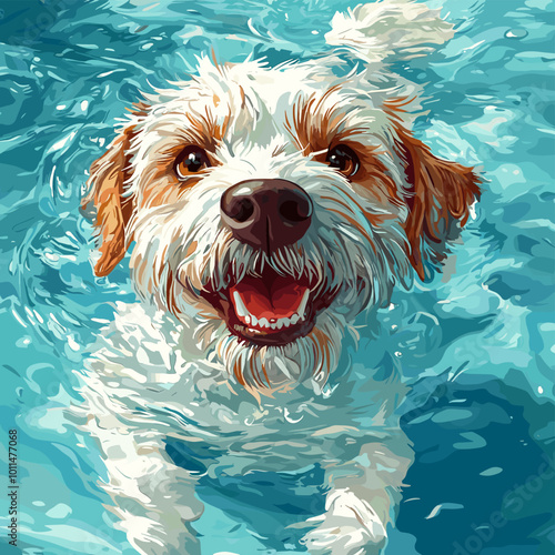 Cute Joyful Dog plays in the water dogs frolic on the beach Watercolor Vector