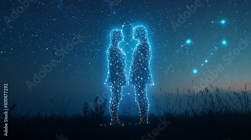 Silhouetted twins, formed of glowing nodes, stand against a boundless starlit cosmic backdrop, representing connection, duality, and transcendence. photo