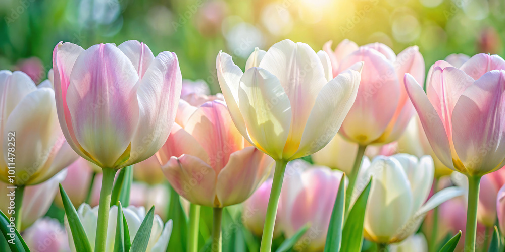 Obraz premium Delicate tulips unfold their pastel petals in soft hues, creating serene and enchanting atmosphere. gentle sunlight enhances their beauty, inviting sense of tranquility