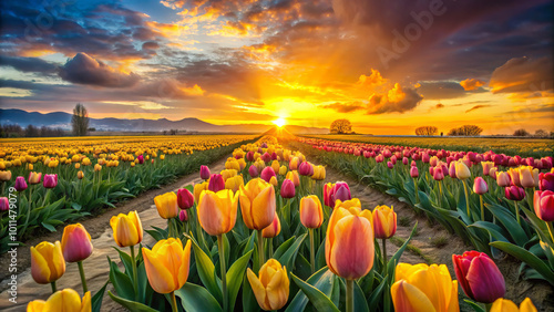 Breathtaking tulip fields ablaze with vibrant colors, swaying gently in warm breeze as sun sets on horizon, creating picturesque landscape photo