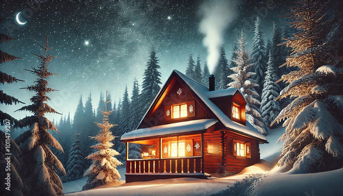 Cozy Winter Cabin at Night with Snow-Covered Trees and Starry Sky. AI-generated photo