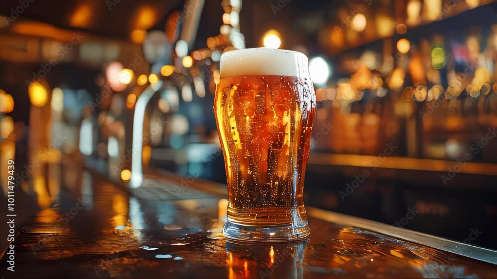 A cold glass of beer on a pub counter, with warm lighting and soft bokeh in the background A cold glass of beer on a pub counter, with warm lighting and soft bokeh in the background