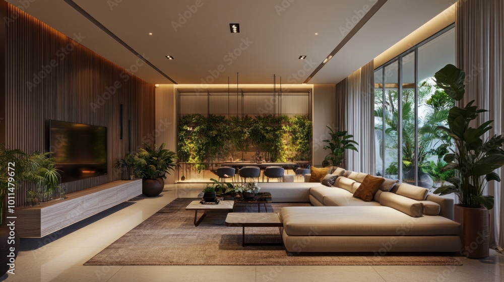 Fototapeta premium Modern living room with natural elements and elegant furnishings.