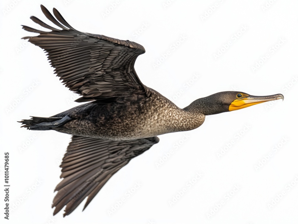 cormorant soars gracefully with wings wide open, displaying its striking black plumage and distinctive yellow-orange throat. This captivating bird captures the essence of flight. cormorant soars gracefully with wings wide open, displaying its striking black plumage and distinctive yellow-orange throat. This captivating bird captures the essence of flight.