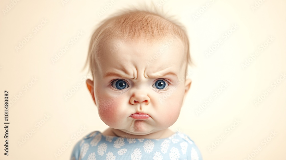 Photo of a slightly angry baby with a funny facial expression but still little smile pastel colors funny photo Photo of a slightly angry baby with a funny facial expression but still little smile pastel colors funny photo