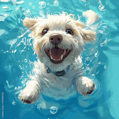 Cute Joyful Dog plays in the water dogs frolic on the beach Watercolor Vector