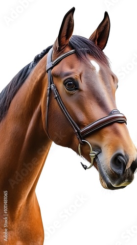 Graceful brown horse in full bridle against white background